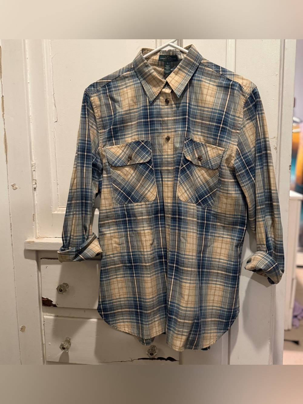 Ralph Lauren Blue & Cream Plaid Button-Down Shirt Vintge 100% Cotton large